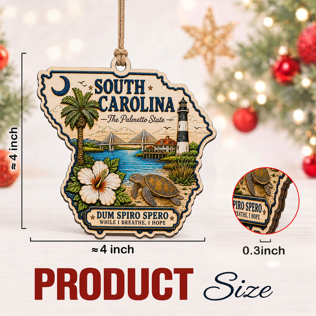 South Carolina Christmas Ornament, Palmetto Moon Lowcountry Souvenir Gift, Wood Tree Decoration