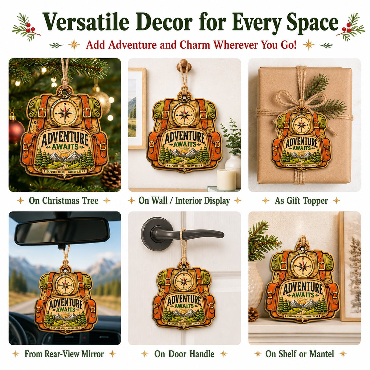 Adventure Awaits Explore Travel Christmas Ornament, Wanderlust Keepsake, Wood Tree Decoration