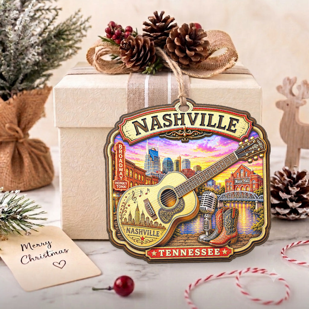 Nashville Christmas Ornament, Tennessee Music and Guitar Souvenir Gift, Wood Tree Decoration