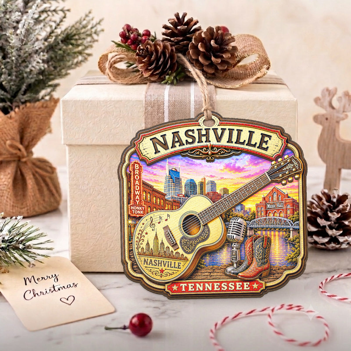Nashville Christmas Ornament, Tennessee Music and Guitar Souvenir Gift, Wood Tree Decoration