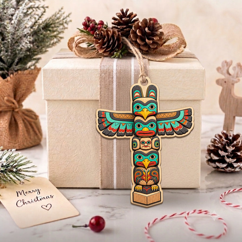 Whimsical Totem Pole Native Art Christmas Ornament, Pacific Northwest Keepsake, Wood Ornament