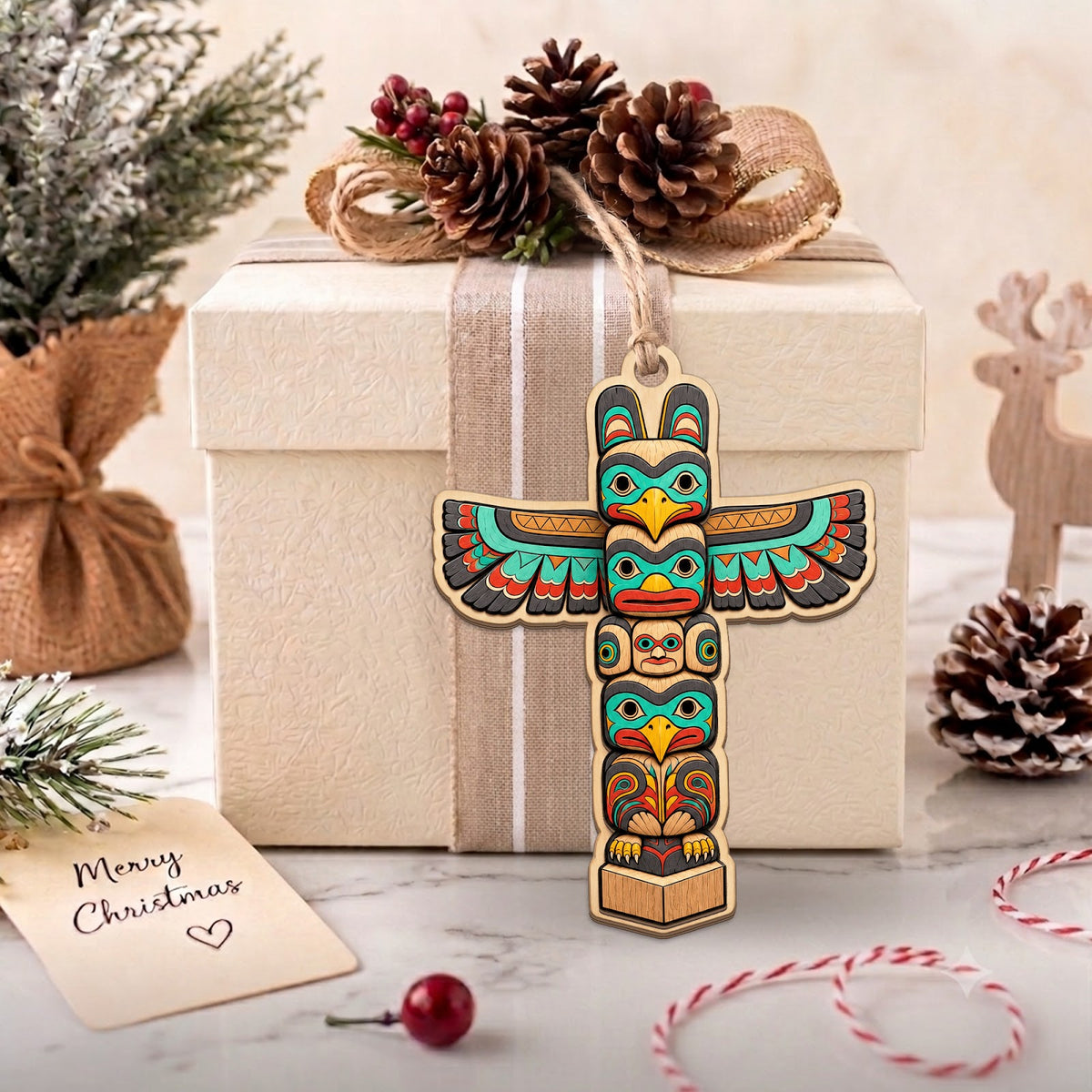 Whimsical Totem Pole Native Art Christmas Ornament, Pacific Northwest Keepsake, Wood Ornament