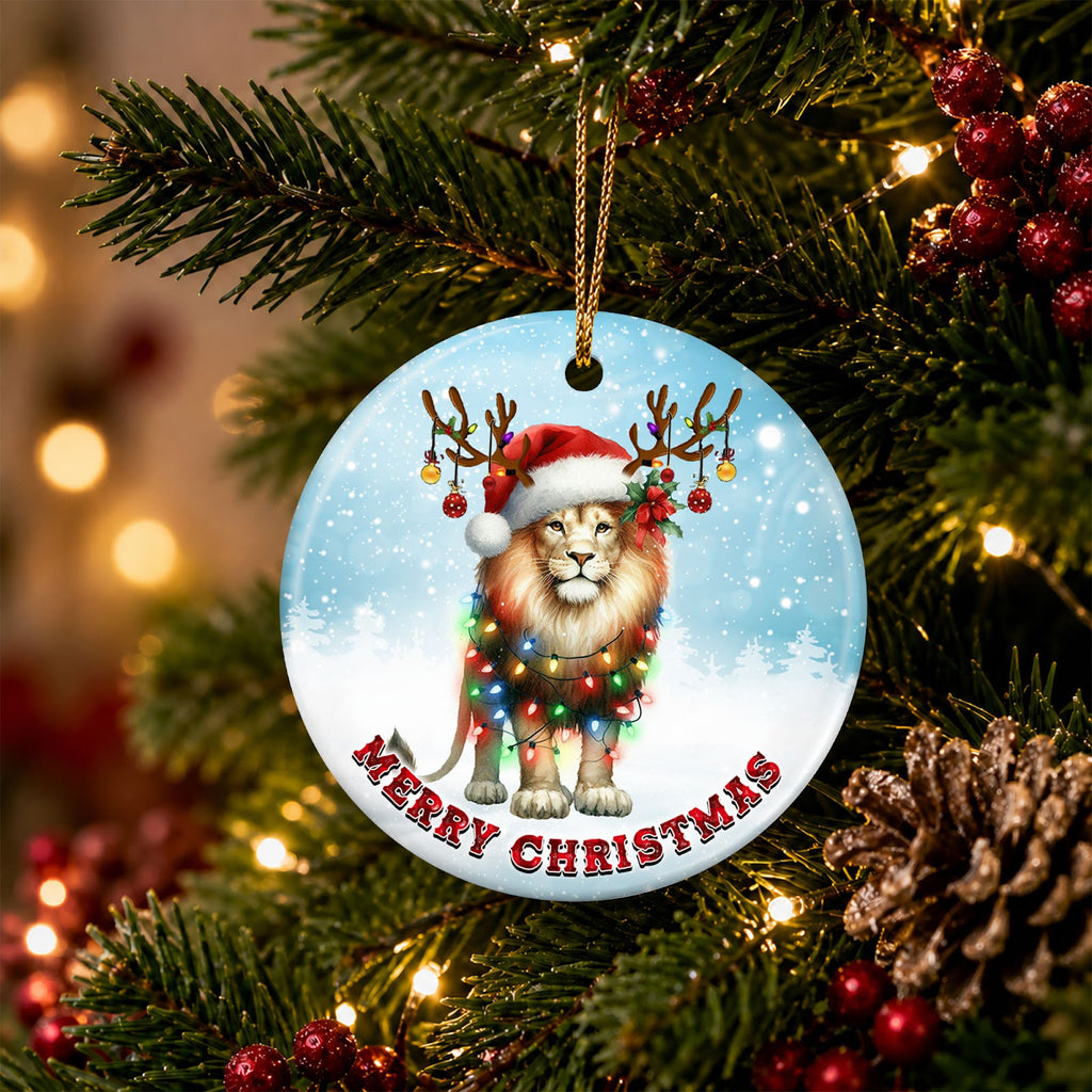 Lion Christmas Ornament, Santa Hat Antlers Safari Gift, Ceramic Hanging Tree Decoration