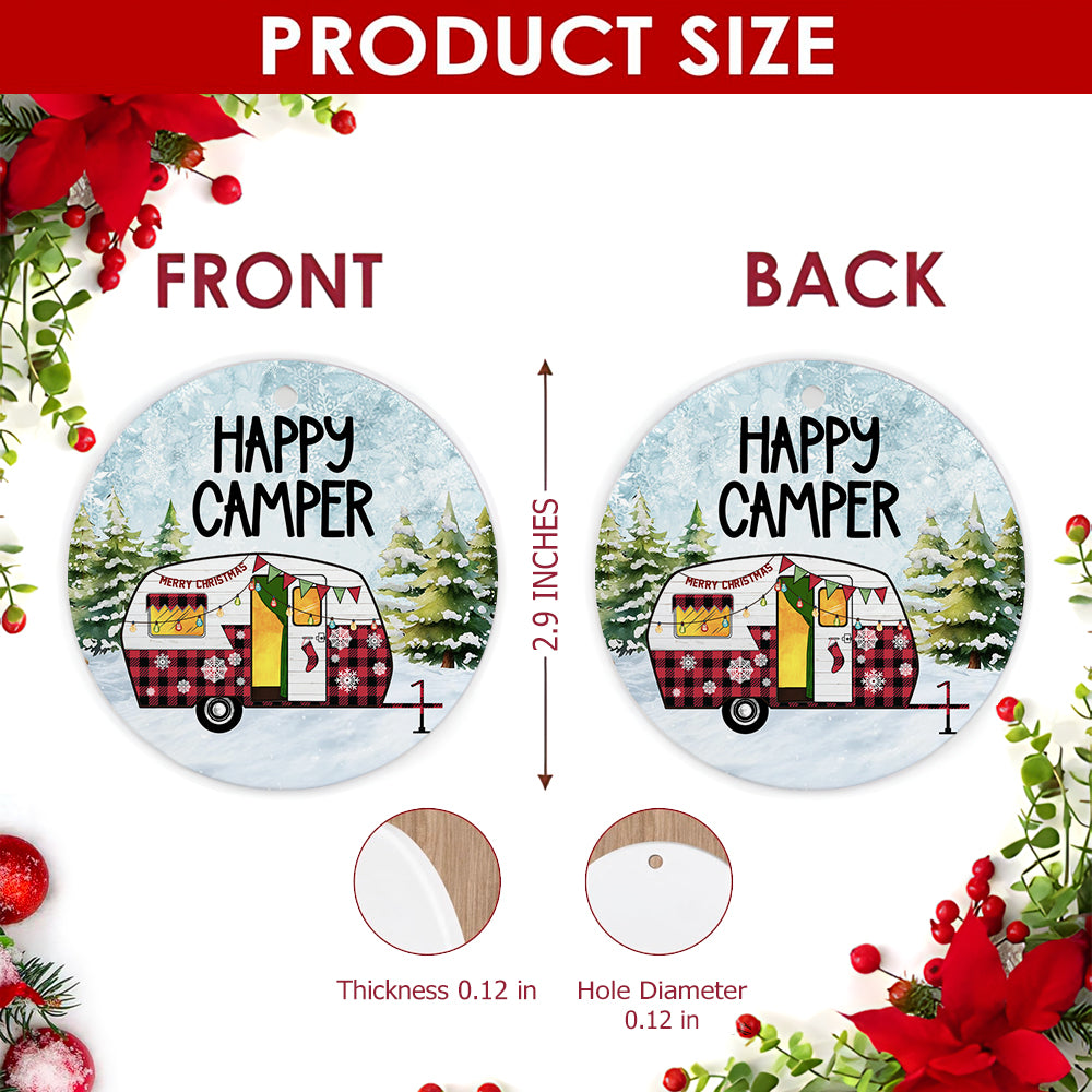 Camper Christmas Ornament, Happy Camper Buffalo Plaid, Ceramic Hanging Tree Decoration