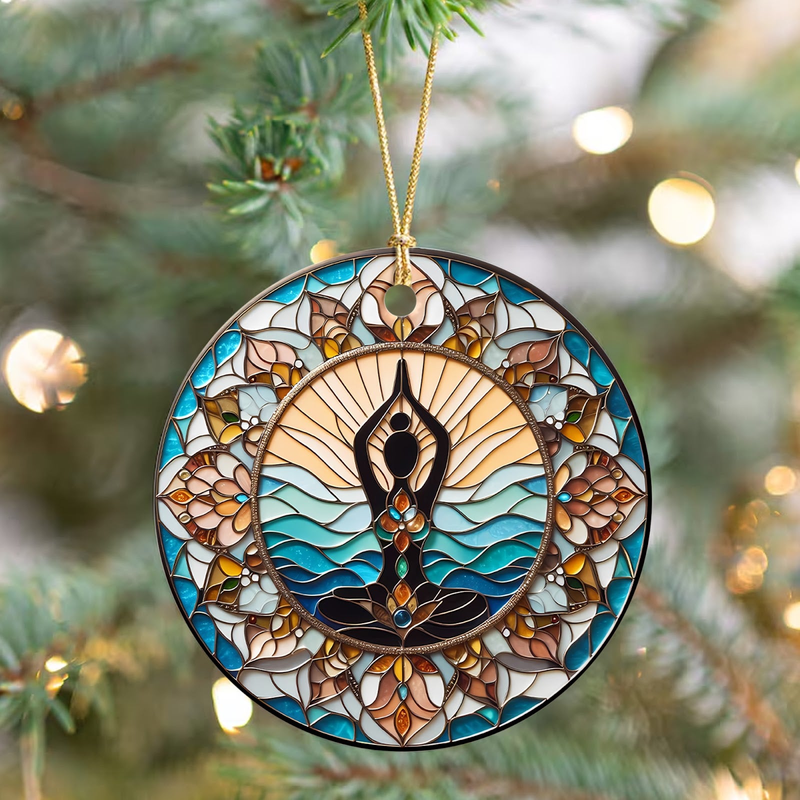Yoga Christmas Ornament, Chakra Lotus Meditation Gift, Ceramic Hanging Tree Decoration