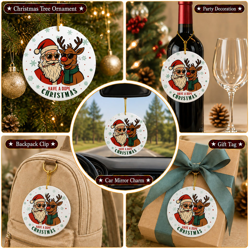 Funny Christmas Ornament, Santa And Reindeer Shades Gag, Ceramic Hanging Tree Decoration