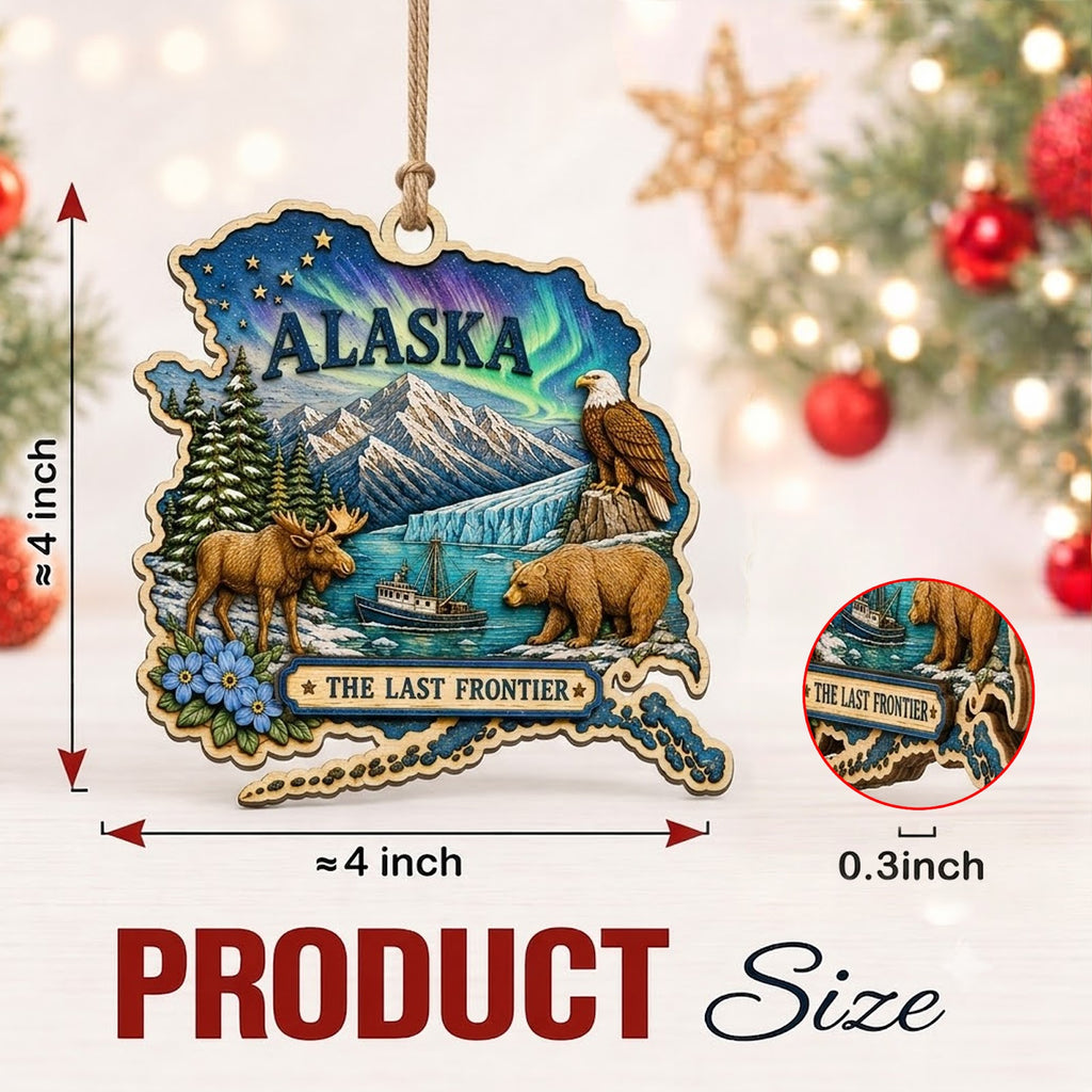 Alaska Christmas Ornament, Northern Lights and Bald Eagle Souvenir Gift, Wood Tree Decoration