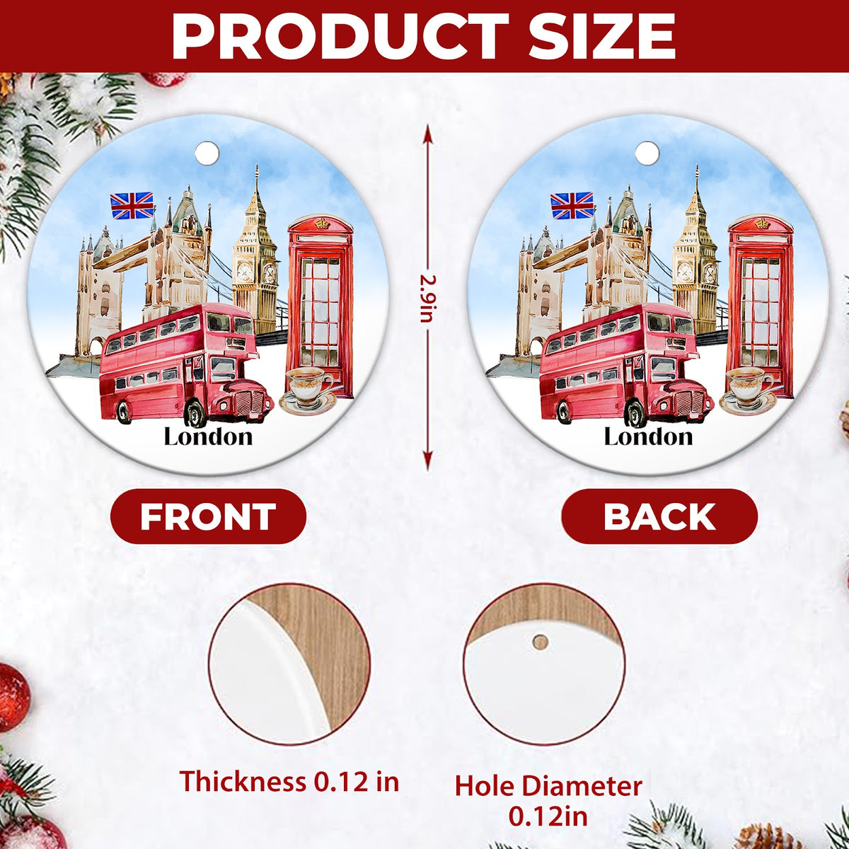London Christmas Ornament, England Travel Souvenir Gift, Ceramic Hanging Tree Decoration