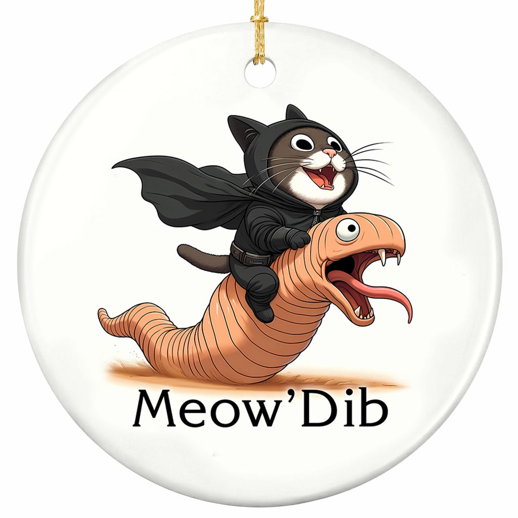 A Hooded Cat Riding a Giant Desert Worm Across the Sand. Ceramic Gag Keepsake for Sci-Fi Loving Cat People.