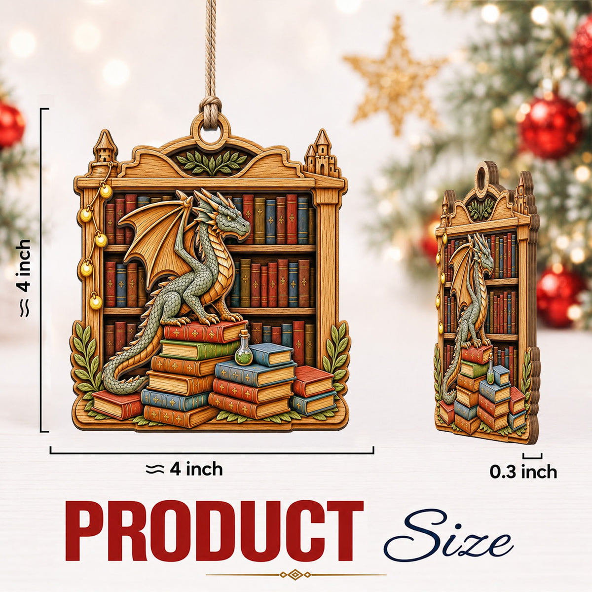 Dragon Love Book Fantasy Magic Christmas Ornament, Dragon Reader Keepsake, Wood Tree Decoration
