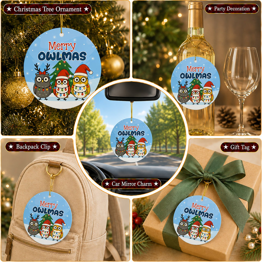Owl Christmas Ornament, Merry Owlmas Three Owls Gift, Ceramic Hanging Tree Decoration