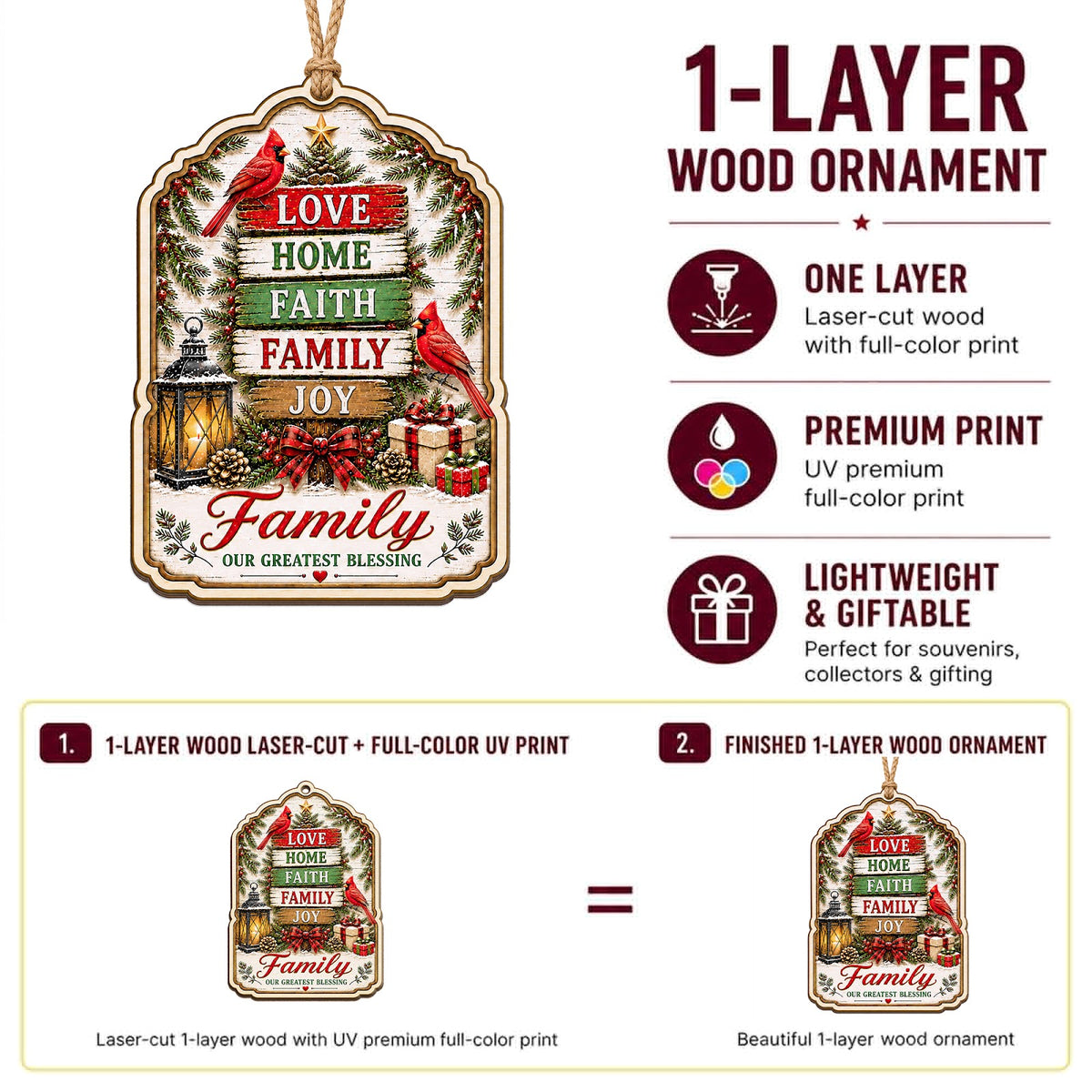 Family Faith Christmas Ornament, Religious Gift For Christian Family, Wood Tree Decoration