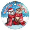 Two Otters Cheek to Cheek Holding a Knitted Red Heart in Scarves and Santa Hats. Ceramic Keepsake for Couples.
