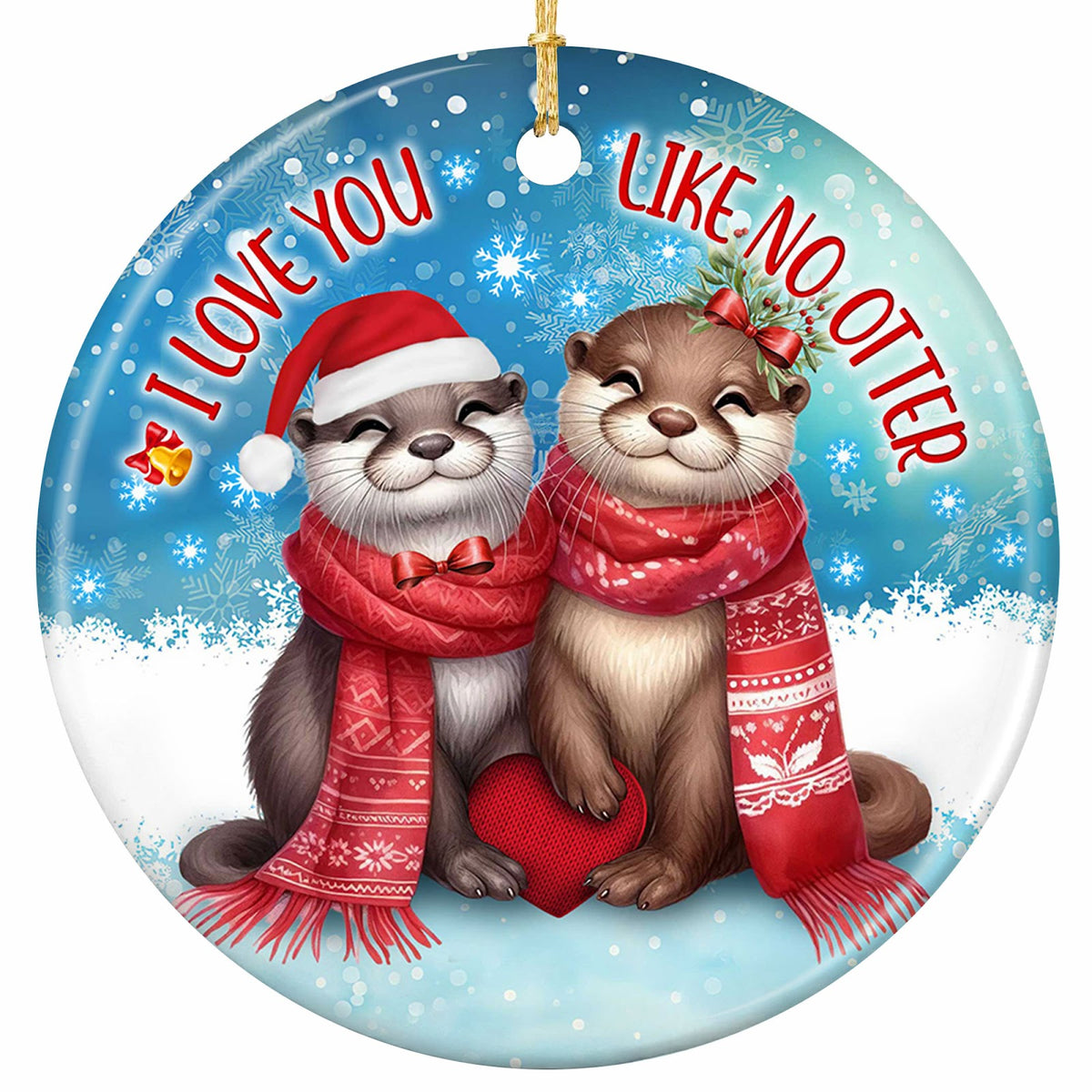Two Otters Cheek to Cheek Holding a Knitted Red Heart in Scarves and Santa Hats. Ceramic Keepsake for Couples.