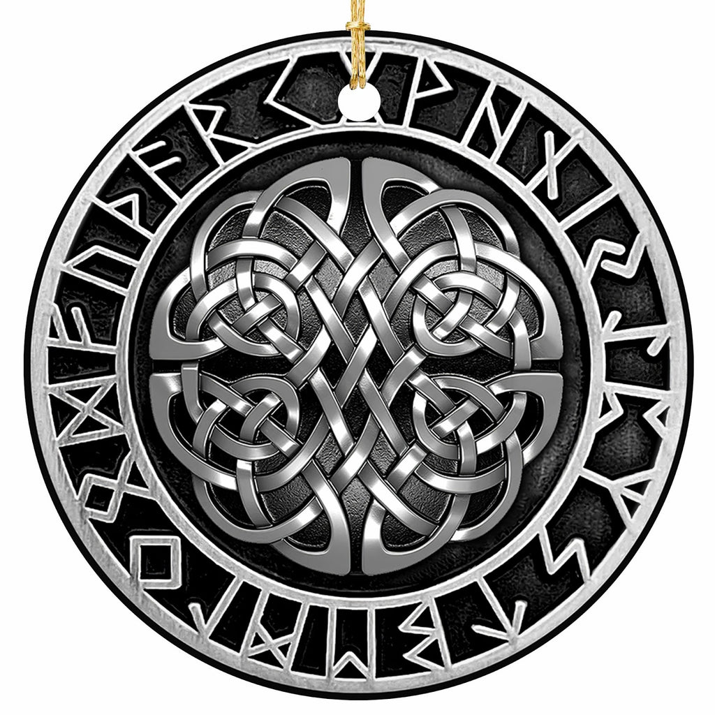 Silver Knotwork Rosette Ringed With Carved Elder Futhark Runes. Ceramic Keepsake for Norse and Celtic Heritage.