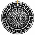 Silver Knotwork Rosette Ringed With Carved Elder Futhark Runes. Ceramic Keepsake for Norse and Celtic Heritage.