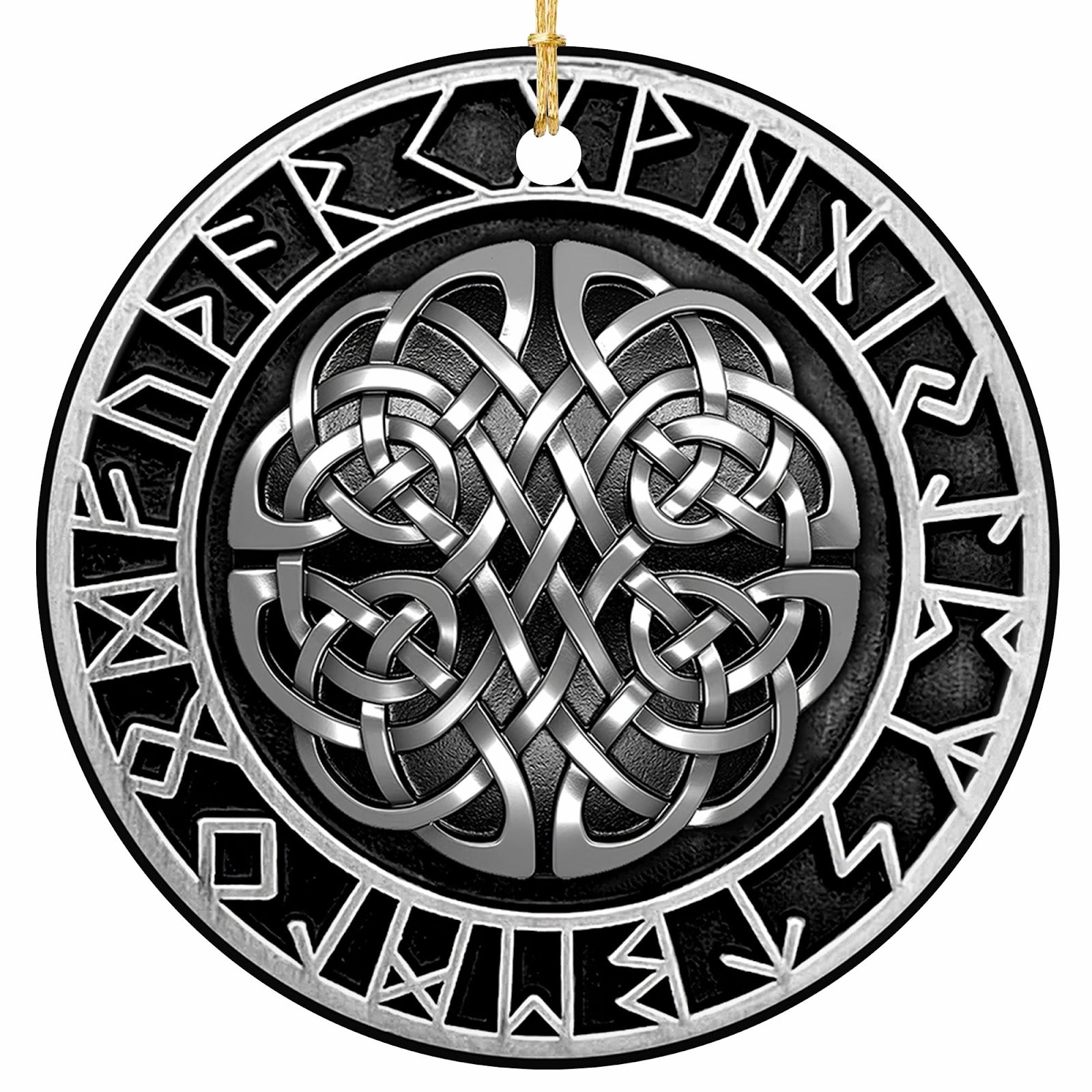 Silver Knotwork Rosette Ringed With Carved Elder Futhark Runes. Ceramic Keepsake for Norse and Celtic Heritage.