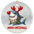 Smiling Gray Shark With a Red Nose and Antler Headband in Lights. Ceramic Keepsake for Shark Fans.