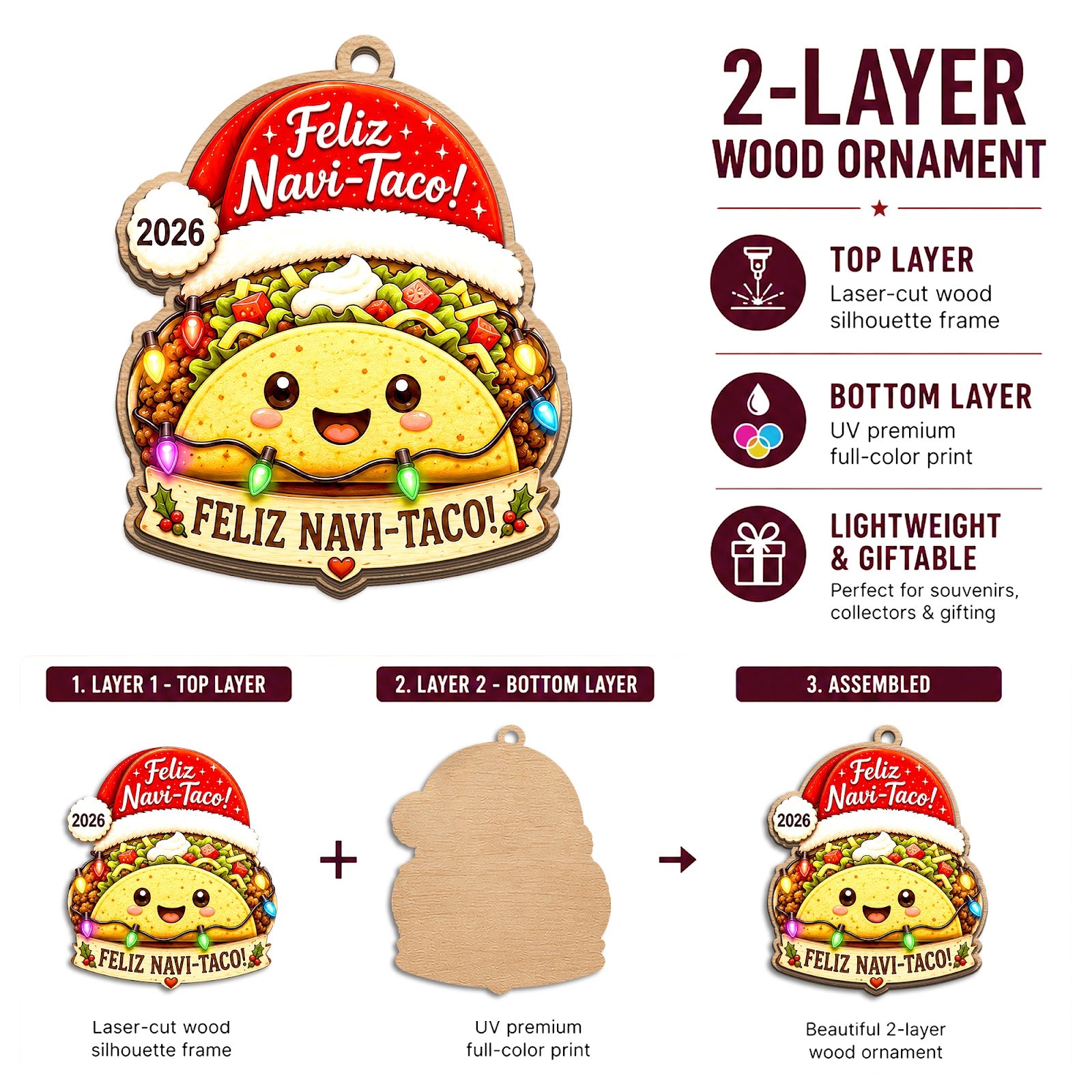 Taco Wood Christmas Ornament