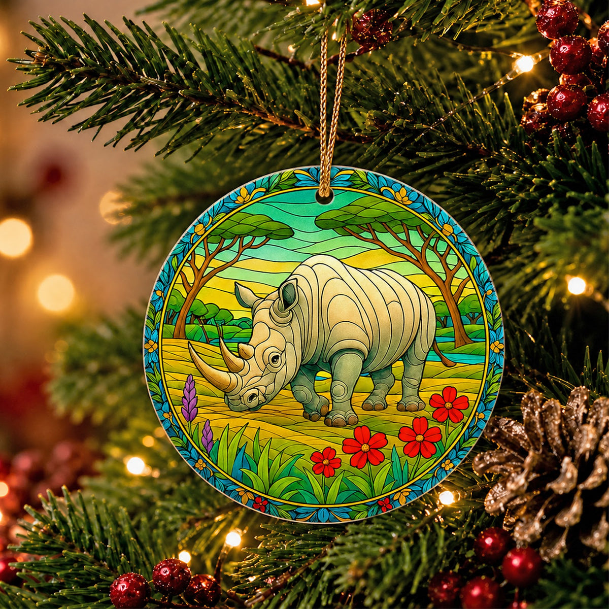 Rhino Christmas Ornament, Stained Glass Safari Animal Gift, Ceramic Hanging Tree Decoration