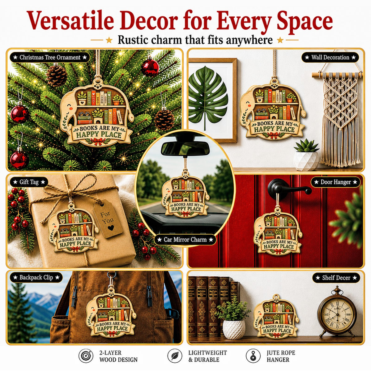 Elephant Book Reader Jungle Art Christmas Ornament, Elephant Reader Keepsake, Wood Ornament