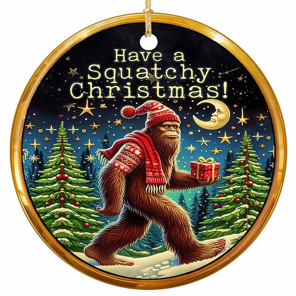 Sasquatch in a Nordic Knit Sweater and Pom Pom Hat Carrying a Gift Through Moonlit Snow. Ceramic Keepsake.