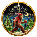 Sasquatch in a Nordic Knit Sweater and Pom Pom Hat Carrying a Gift Through Moonlit Snow. Ceramic Keepsake.