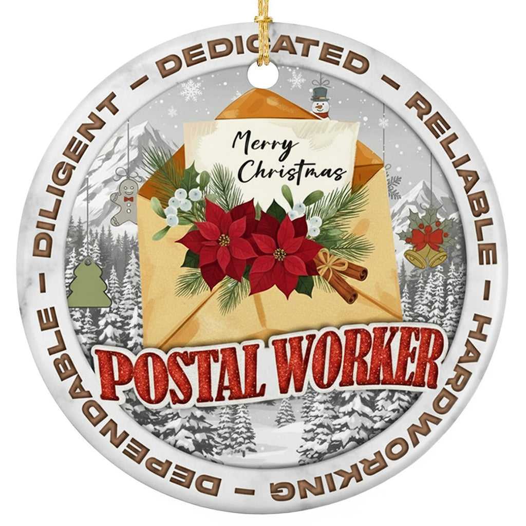 Poinsettias, Pine and a Merry Christmas Card in an Open Envelope. Ceramic Thank You for Your Delivery Route.
