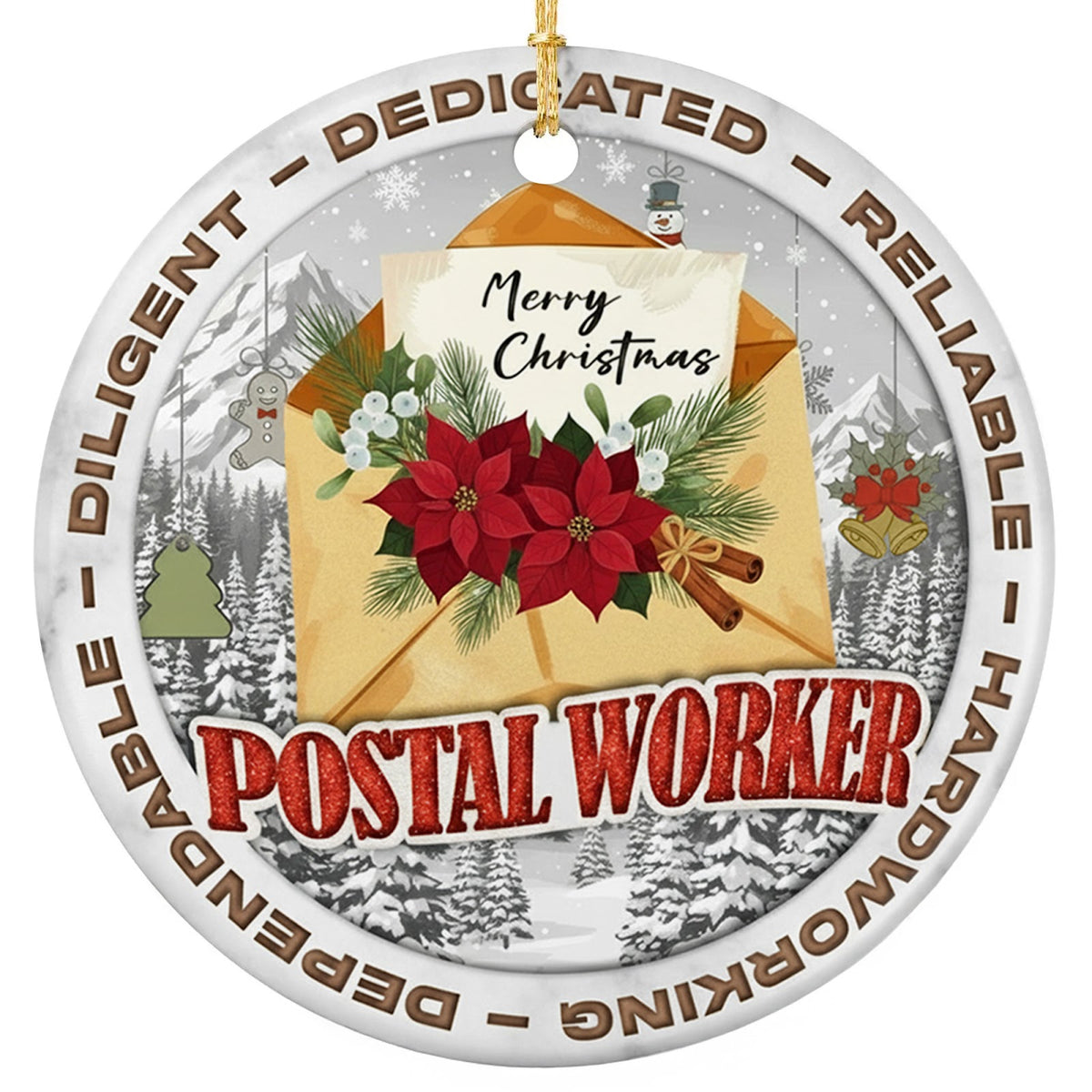 Poinsettias, Pine and a Merry Christmas Card in an Open Envelope. Ceramic Thank You for Your Delivery Route.