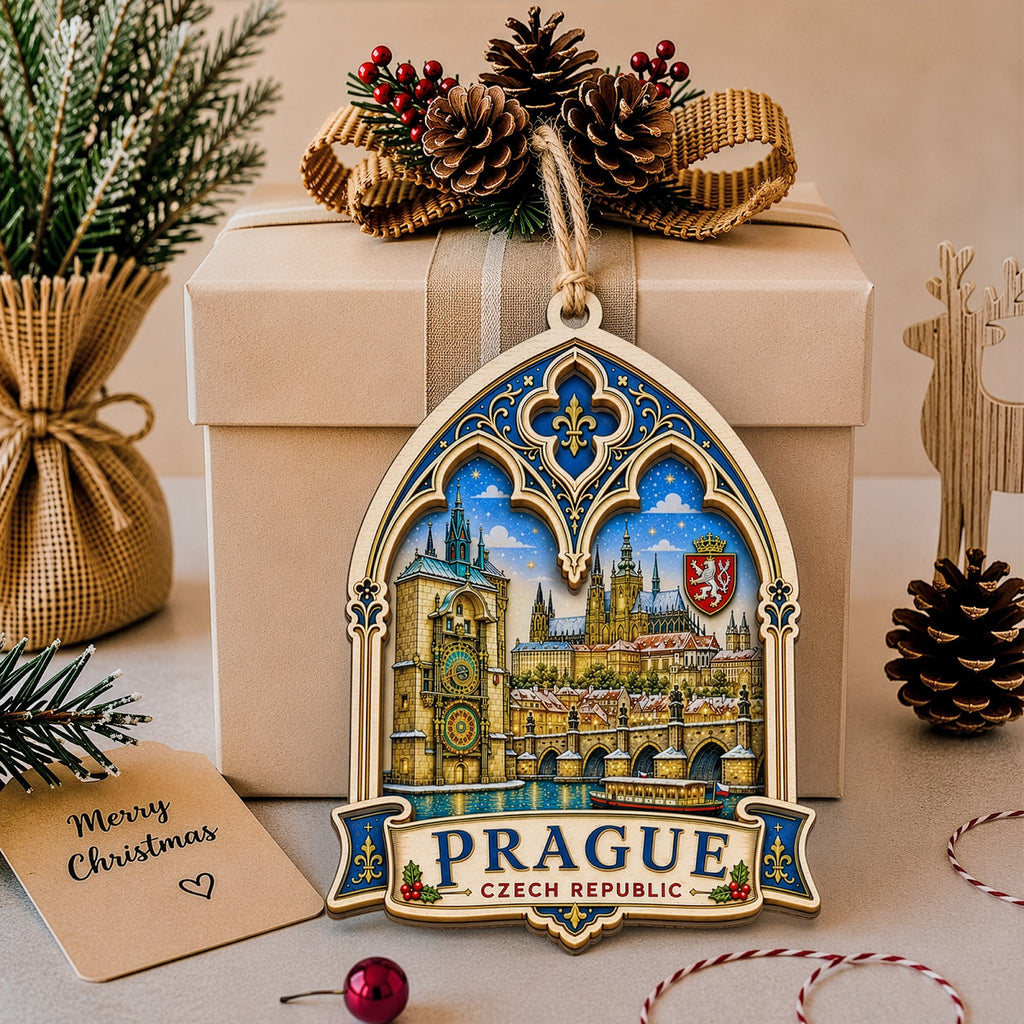 Prague Christmas Ornament, Czech Charles Bridge Souvenir Gift, Wood Hanging Tree Decoration