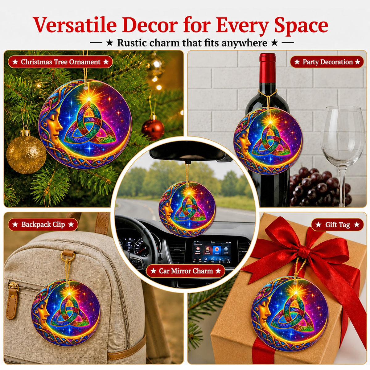 Celtic Christmas Ornament, Triquetra Moon Goddess Yule Gift, Ceramic Hanging Tree Decoration