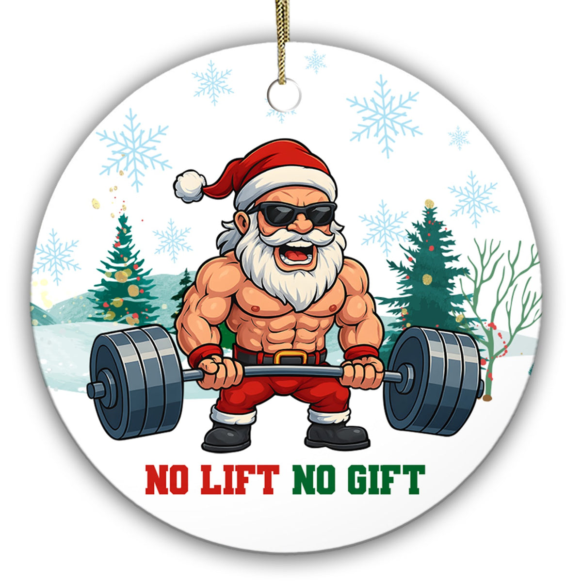 Shirtless Santa in Shades Hitting a Deadlift. Ceramic Gag Keepsake for Gym Rats and Lifting Partners.
