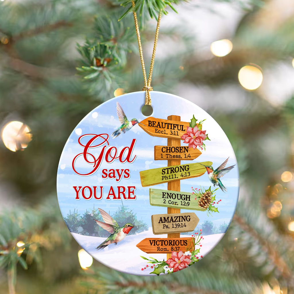 Christian Christmas Ornament, God Says You Are Bible Verse Gift, Ceramic Tree Decoration