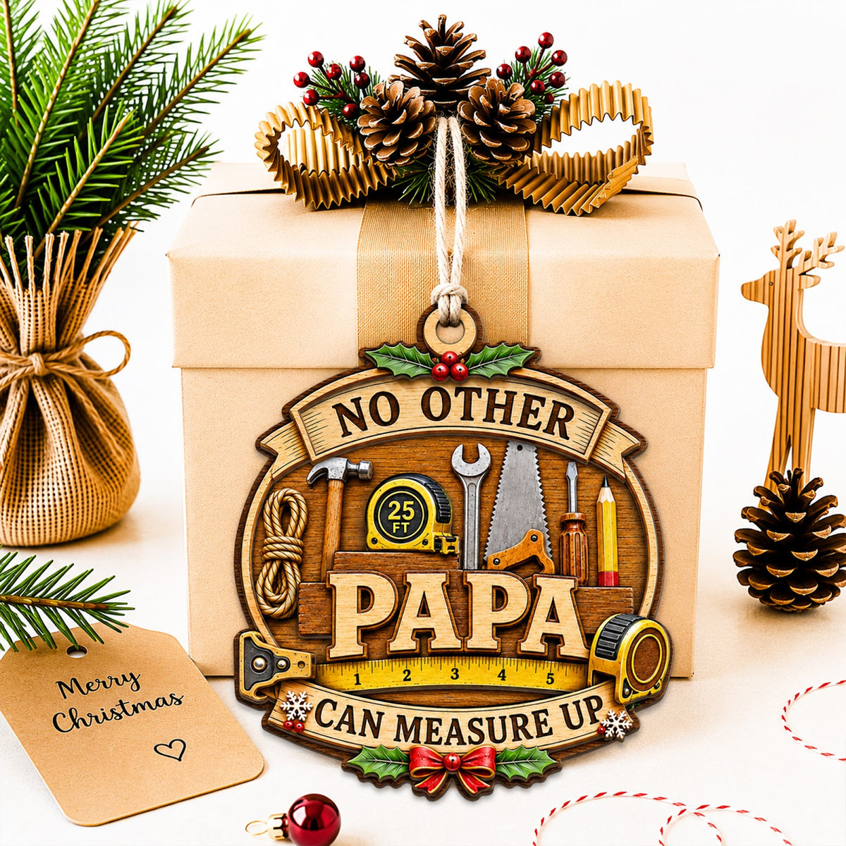 Papa Christmas Ornament, Grandfather Stocking Stuffer, Wood Hanging Tree Decoration