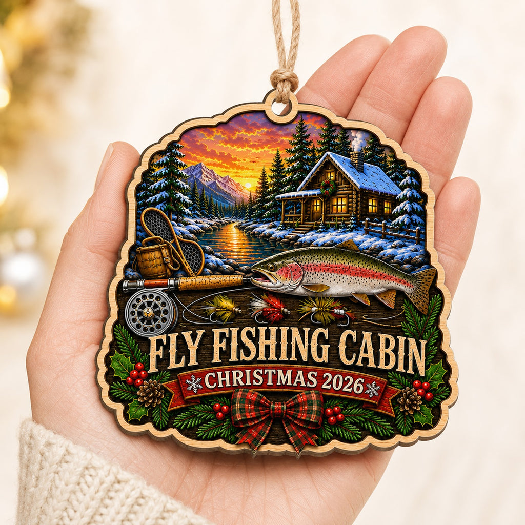 Fishing Cabin Lake Angler Lure Christmas Ornament, Lakeside Cabin Keepsake, Wood Ornament