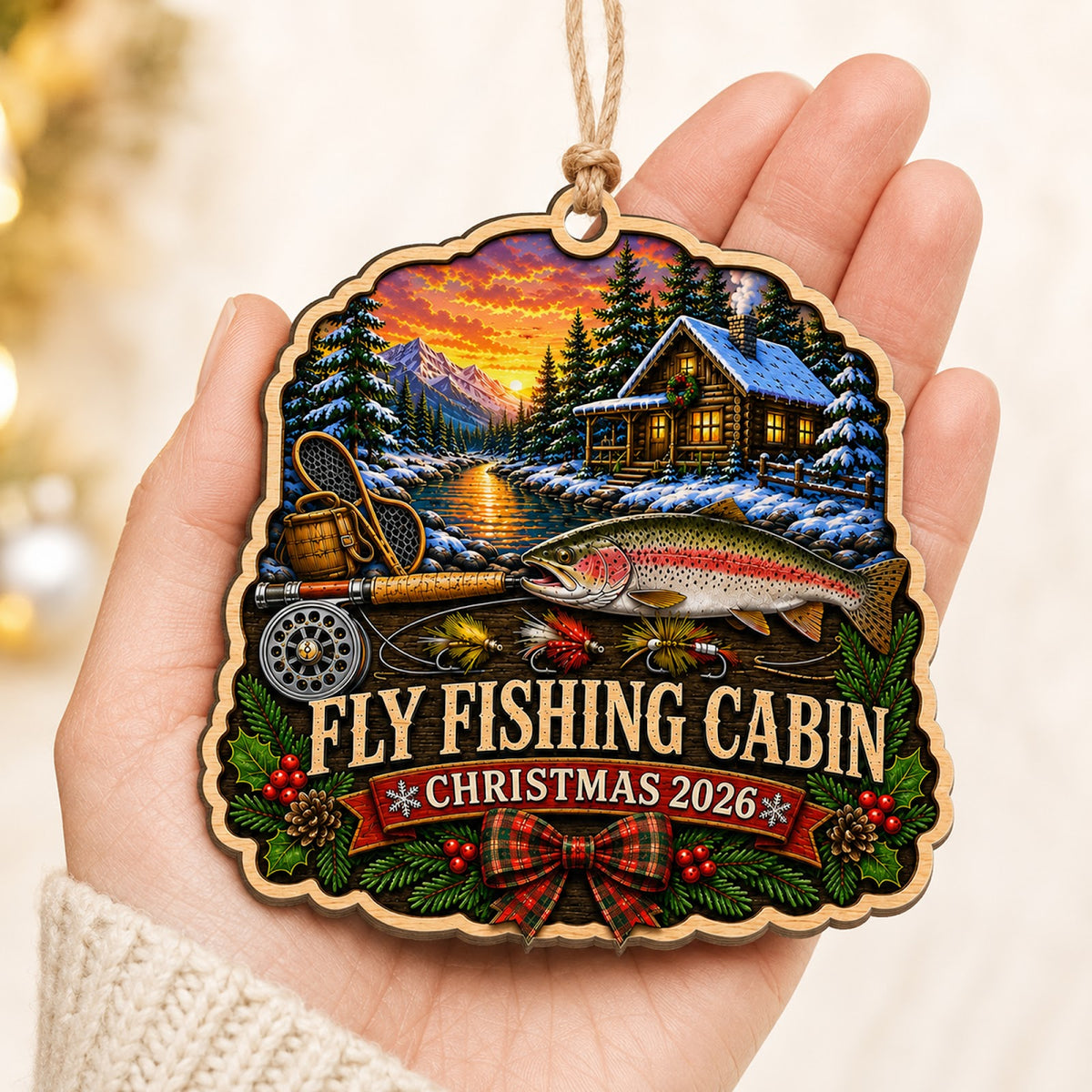 Fishing Cabin Lake Angler Lure Christmas Ornament, Lakeside Cabin Keepsake, Wood Ornament