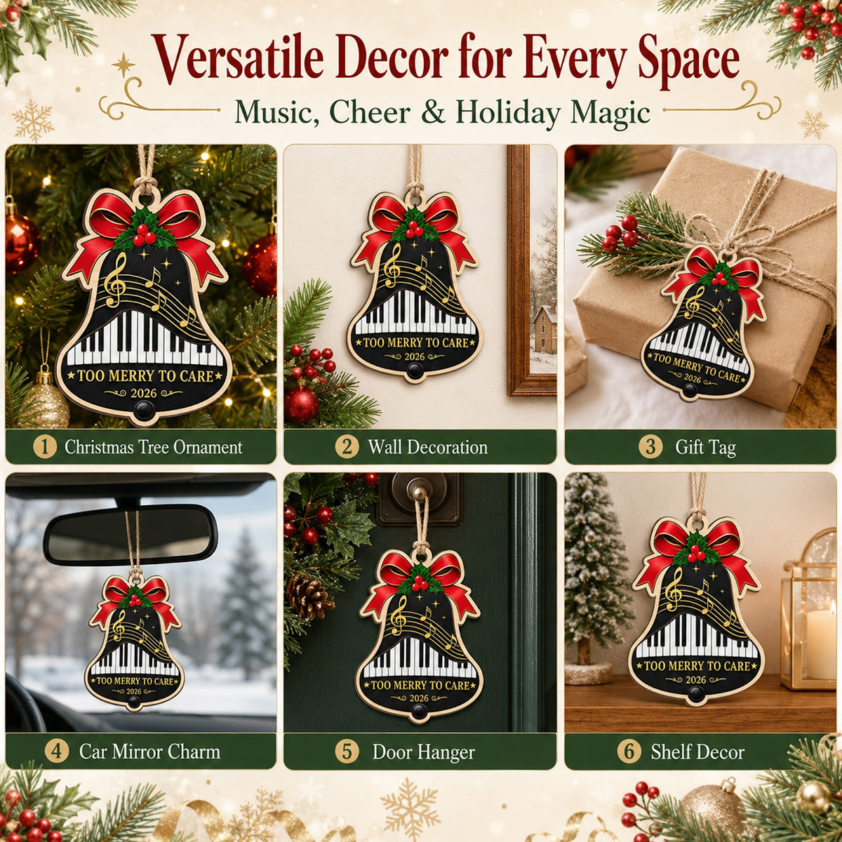 Bell Piano Christmas Ornament, Stocking Stuffer For Pianist, Wood Hanging Tree Decoration