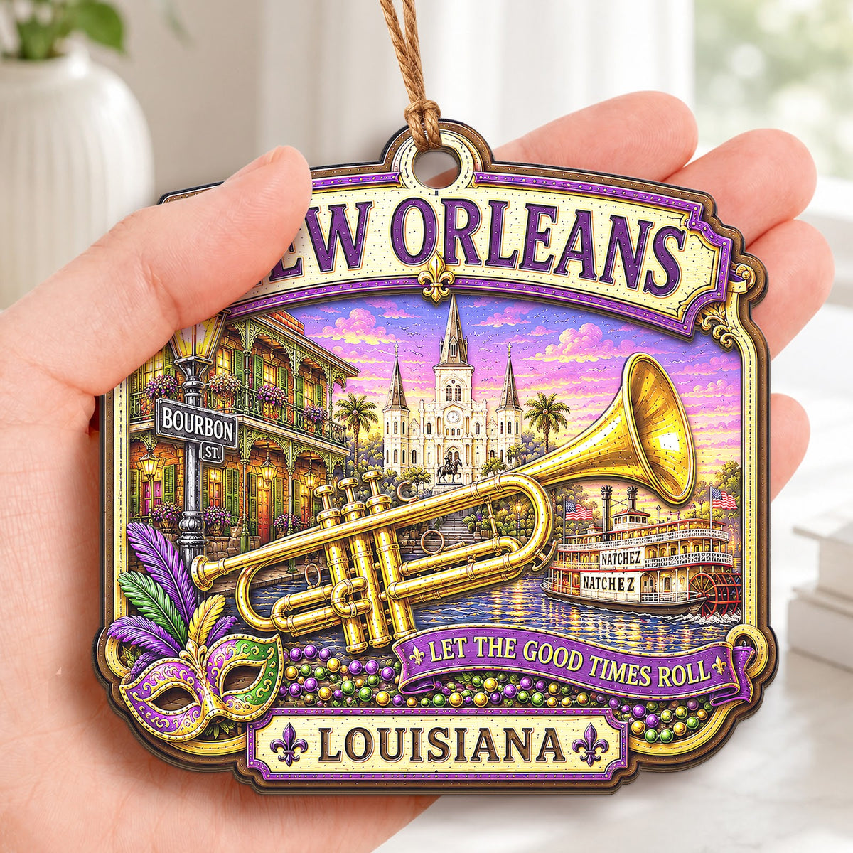 New Orleans Christmas Ornament, Louisiana Jazz Travel Souvenir Gift, Wood Tree Decoration