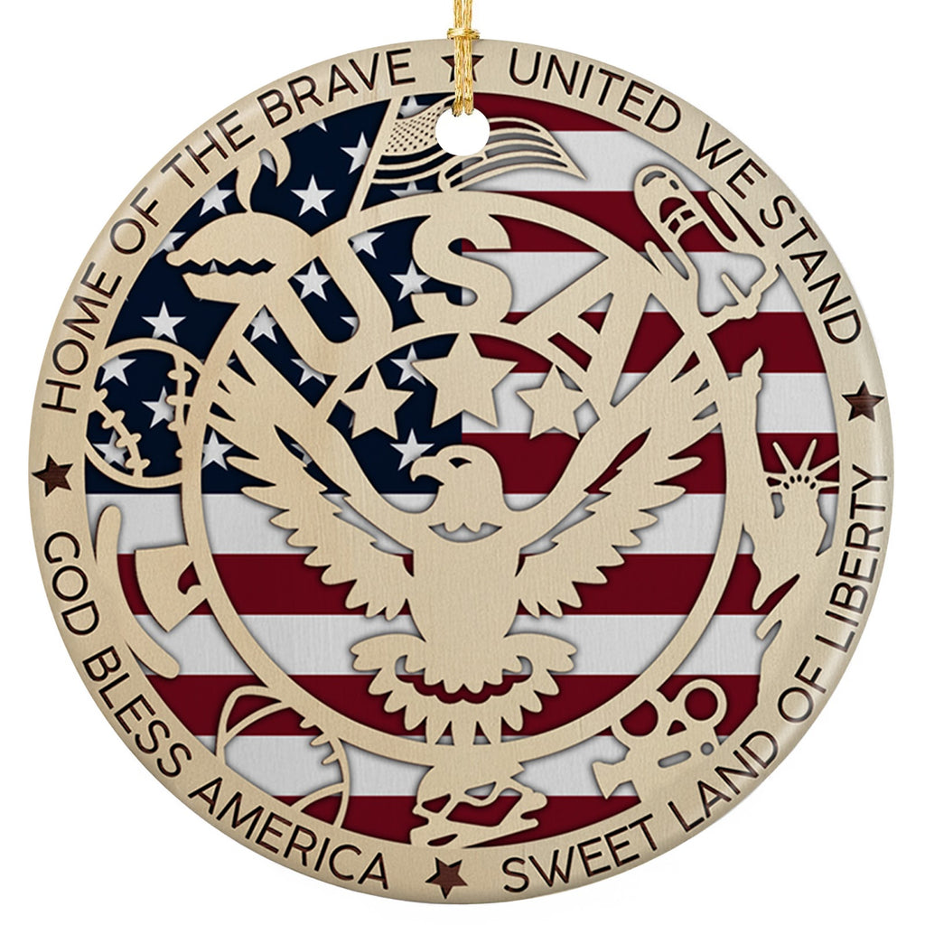 Bald Eagle in a Circular Seal Over the Flag With Torch, Bell and Statue Icons. Ceramic Patriotic Keepsake.