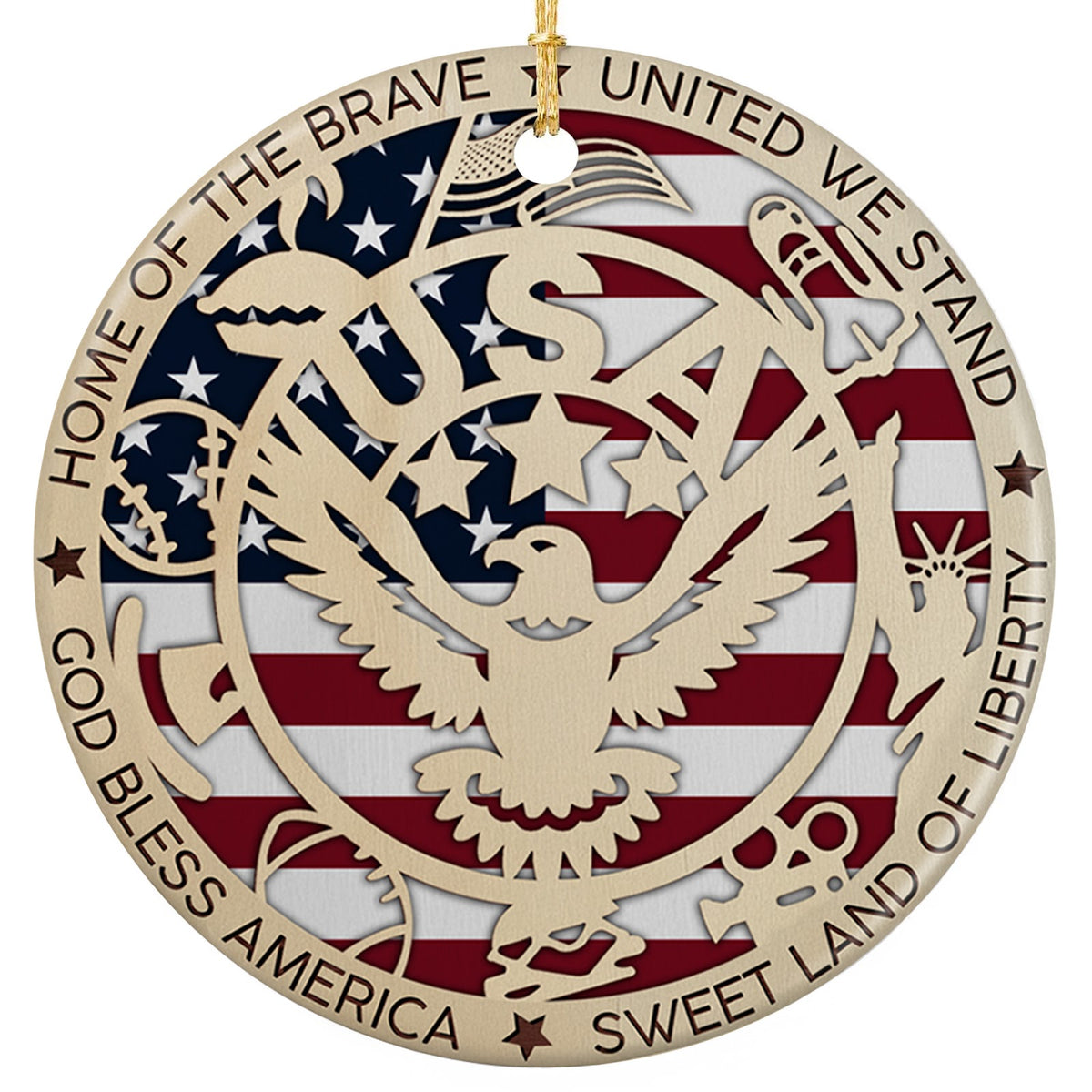 Bald Eagle in a Circular Seal Over the Flag With Torch, Bell and Statue Icons. Ceramic Patriotic Keepsake.