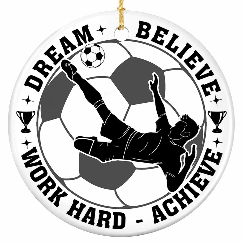 Silhouette Striking a Bicycle Kick Across a Full Soccer Ball, Flanked by Trophies. Ceramic Keepsake for Players.