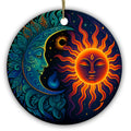 Serene Sun Face Meeting a Filigree Crescent Moon on Midnight Blue. Ceramic Keepsake for Celestial Decor.