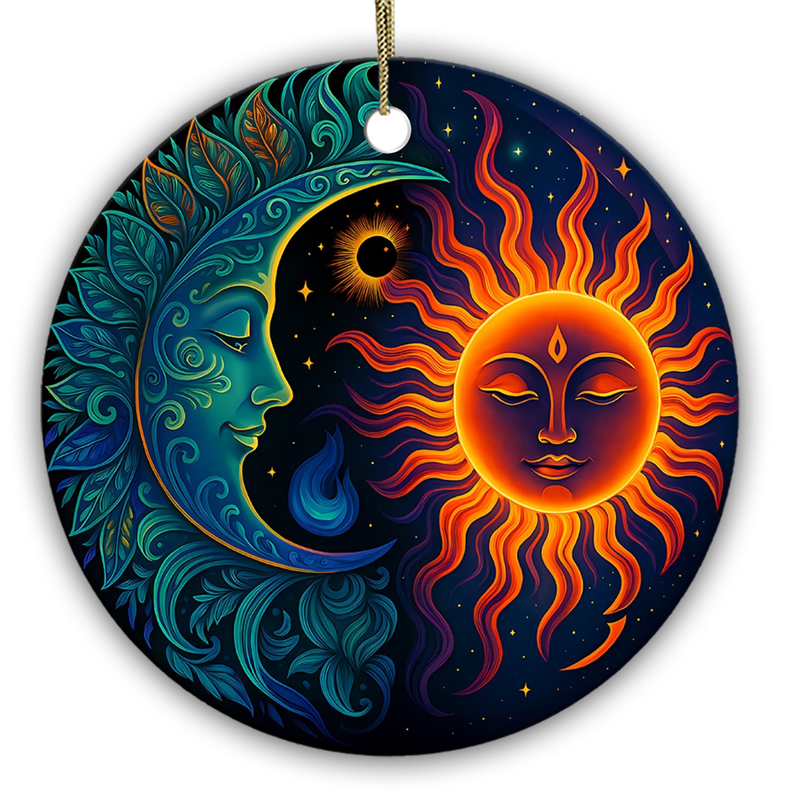 Serene Sun Face Meeting a Filigree Crescent Moon on Midnight Blue. Ceramic Keepsake for Celestial Decor.