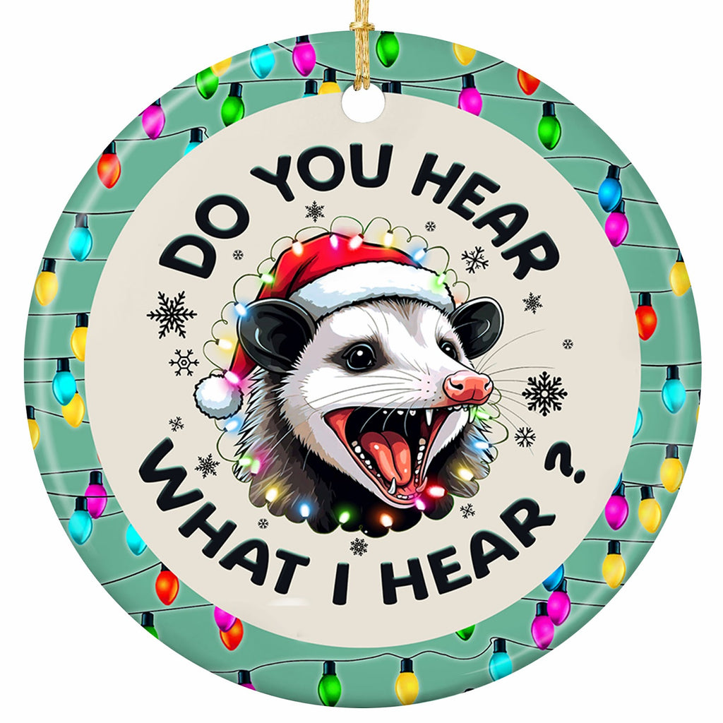 A Wide-Eyed Opossum Mid-Scream in a Santa Hat Tangled in Bulb Lights. Ceramic Gag Keepsake for Meme Fans.