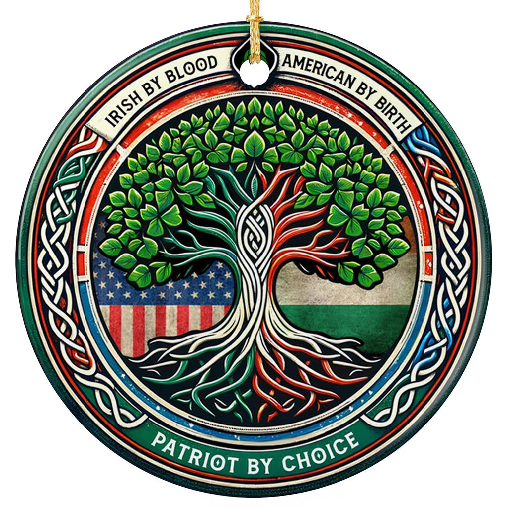 Irish by Blood, American by Birth. Celtic Tree of Life Over Two Flags, Ceramic Keepsake for Heritage Pride.