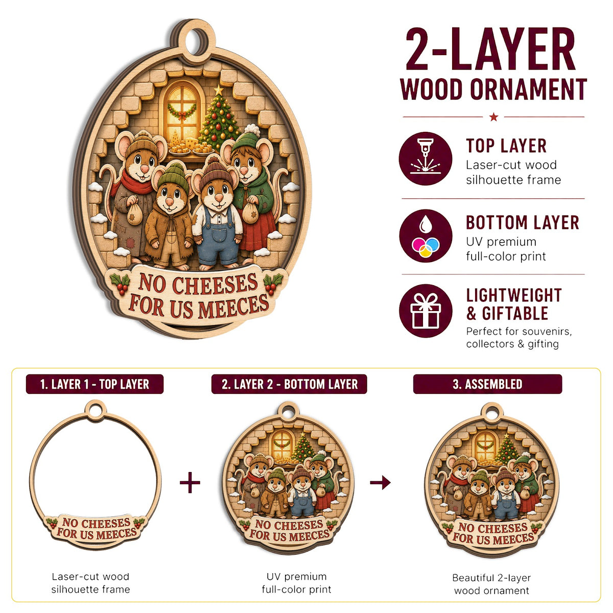 No Cheese Funny Food Humor Christmas Ornament, Cheese Lover Humor Keepsake, Wood Ornament