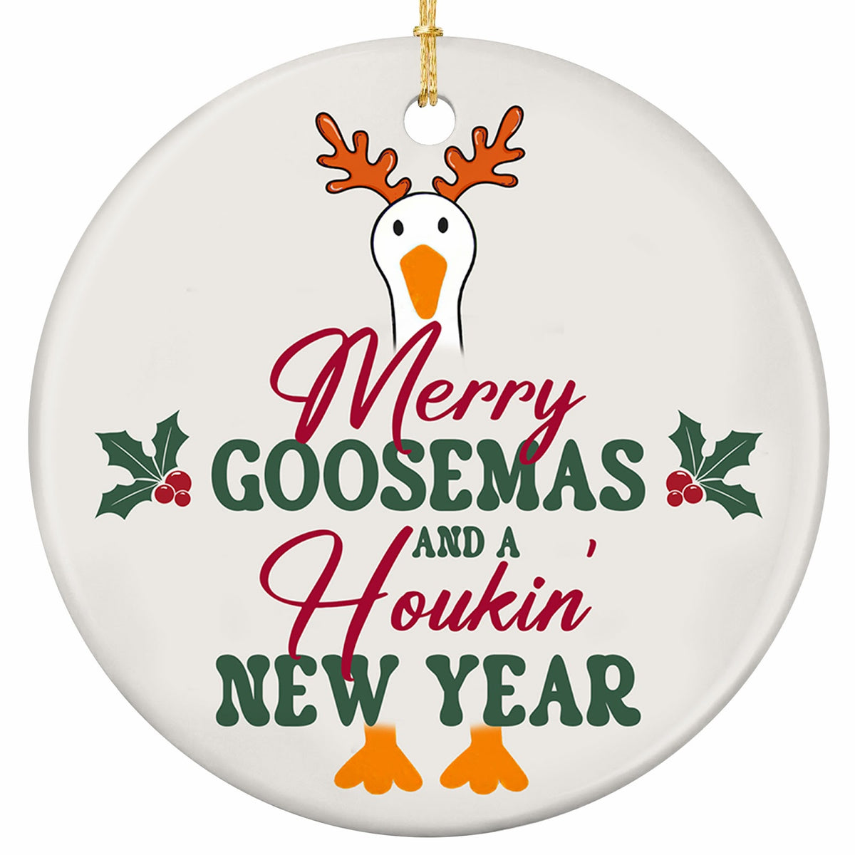 Merry Goosemas and a Honkin New Year. Antlered Goose Pun Ceramic Keepsake for Poultry and Farm Bird Keepers.