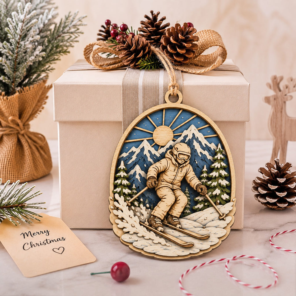 Skier Mountain Wood Christmas Ornament