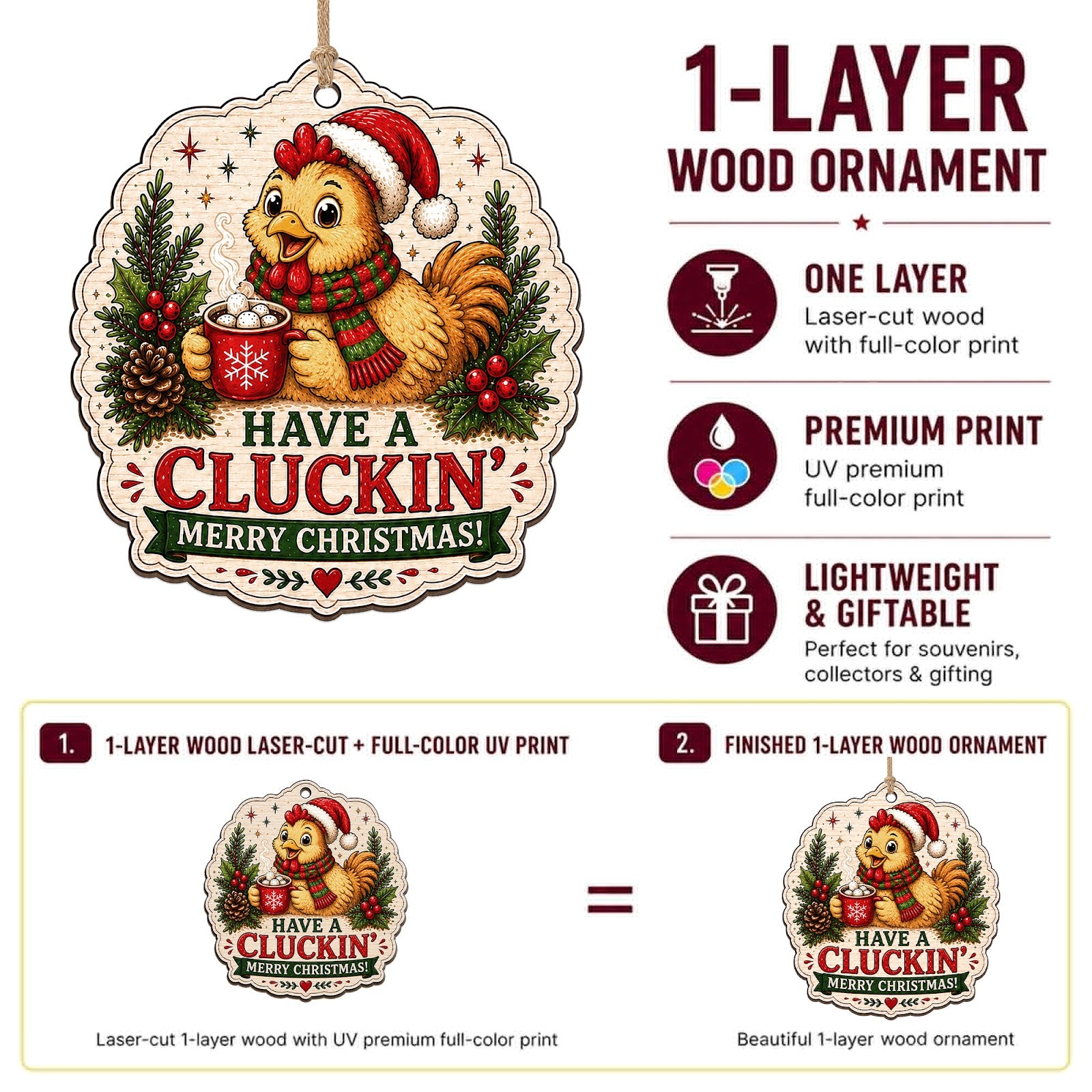 Chicken Christmas Ornament, Stocking Stuffer For Chicken Fan, Wood Hanging Tree Decoration