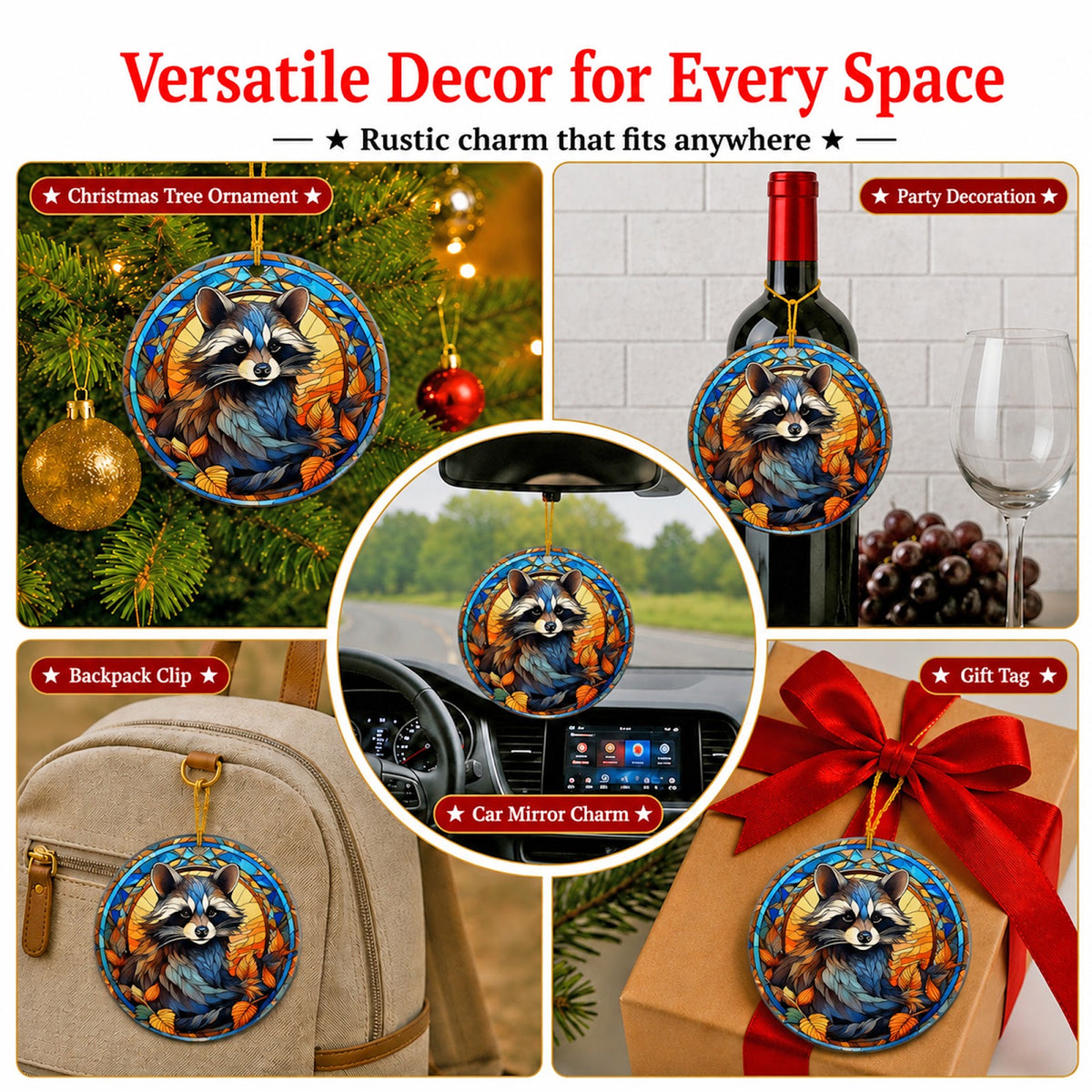 Raccoon Christmas Ornament, Stained Glass Woodland Gift, Ceramic Hanging Tree Decoration